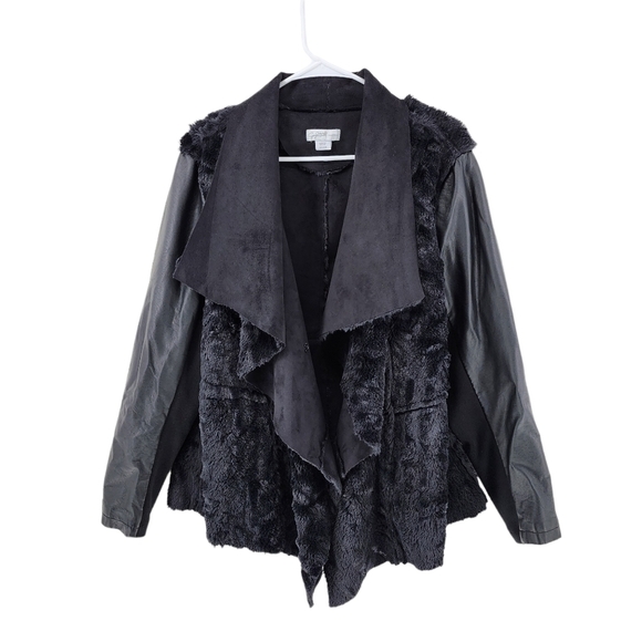 Jaclyn Smith Women's Black Faux Fur Leather Long Sleeve Open Front Jacket - XXL - Picture 1 of 5